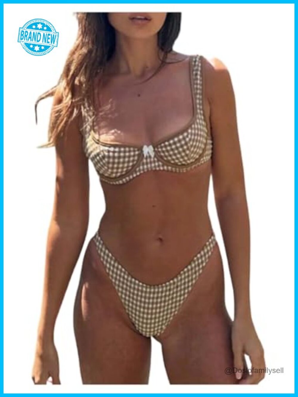 Women's 2 Piece Plaid Bikini Set Bow Tie Backless High Cut Thong Swimsuit
